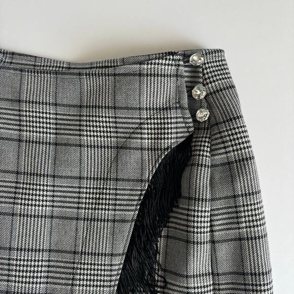Dylan Lex Wrap Midi Skirt Black Plaid Fringe Trim Preppy Asymmetric Size Small - Picture 4 of 9